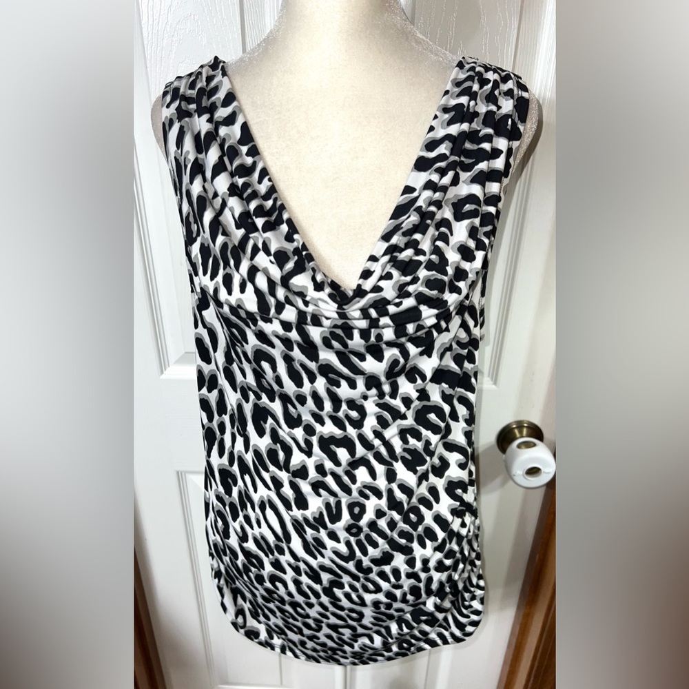 CK Calvin Klein Sleeveless Blouse Drape Neck Leopard Print Grey/Black/Ivory L